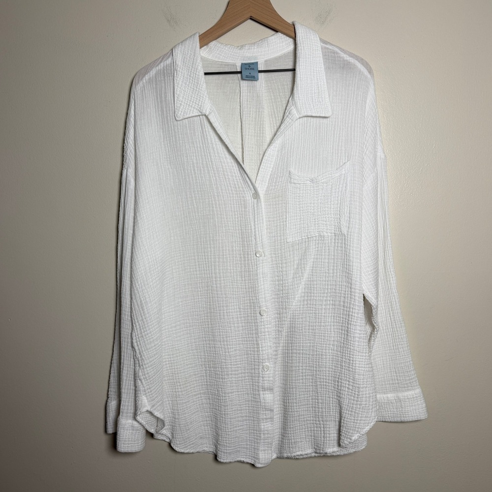 Shade & Shore Womens 100% Cotton Button Up XL White Gauze Pocket Coastal Beach